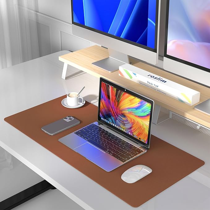 Roslim Leather Desk Pad Protector,Mouse Pad,Non-Slip Computer Mat for Desk,PU Leather Office Desk Mat for Home & Office,Waterproof Laptop Desk Blotter for Keyboard and Mouse,Brown (15.7''X31.5'')
