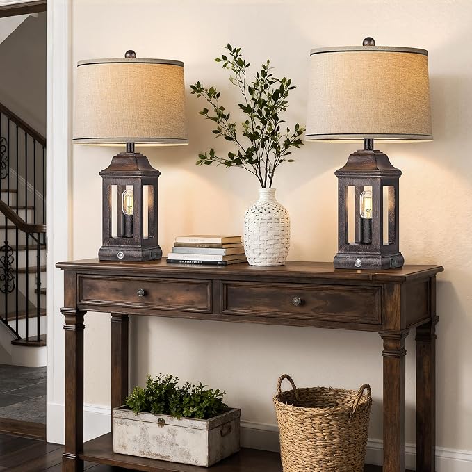 24" Rustic Farmhouse Table Lamps for Living Room Set of 2, Touch Dimmable Nightlight Vintage Bedside Lamps with USB A+C Ports & Dual Light Sources for Bedroom Nightstand End Table, Antique Black
