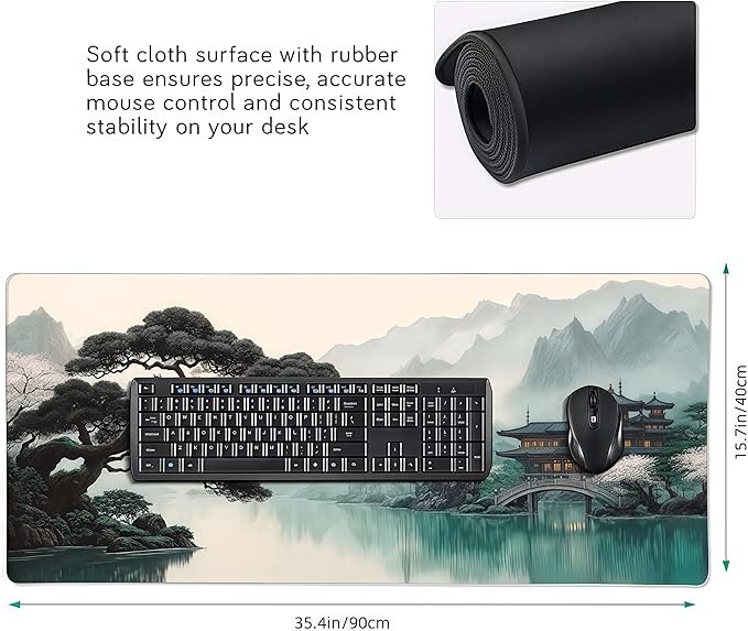 XXL Desk Mat Mouse Pad, Ink Wash Cherry Blossom Design, Washable Rubber Anti-Slip, Stitched Edges, 35.4 x 15.7 Inches, Rectangular, for Computer Work Gaming