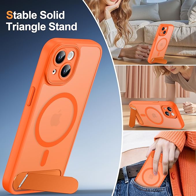 Magnetic Compatible with iPhone 15 Case, [Built-in Invisible Kickstand][Compatible with MagSafe][Full Camera Protection] Translucent Matte Phone Case for iPhone 15 6.1",Orange