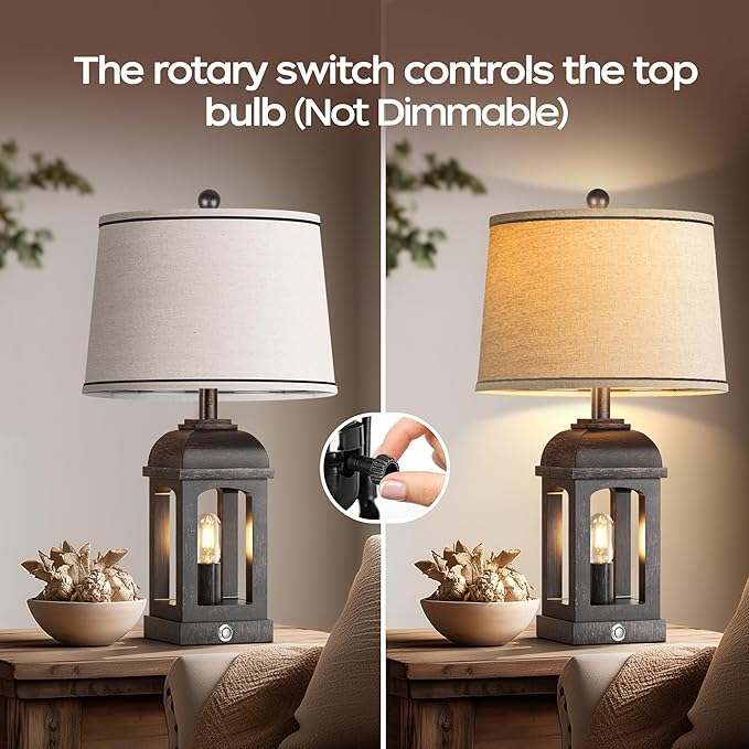 QiMH Table Lamp for Living Room, Farmhouse Lamps Set of 2 with USB A+C and Nightlight, 26" Rustic Bedside Lamps with 3-Way Dimmable, Touch Nightstand Lamp for Bedroom, Bronze