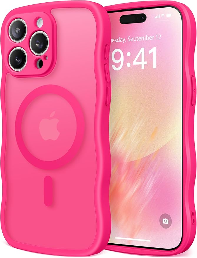 CAPRARO Cute for iPhone 15 Pro Max Case, Compatible with MagSafe, [Curly Wave Edge] [Full Camera Protection] [14 FT Drop Protection] Magnetic Phone Case for 15 Pro Max 6.7 Inch, Hot Pink