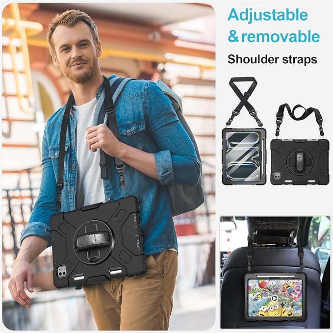 Case for iPad Pro 11 M5 2025/ M4 2024: Protective Cover for iPad Pro 11 Inch 5th Generation with Screen Protector- Stand- Handle- Shoulder Strap- Pencil Holder- Black+Black