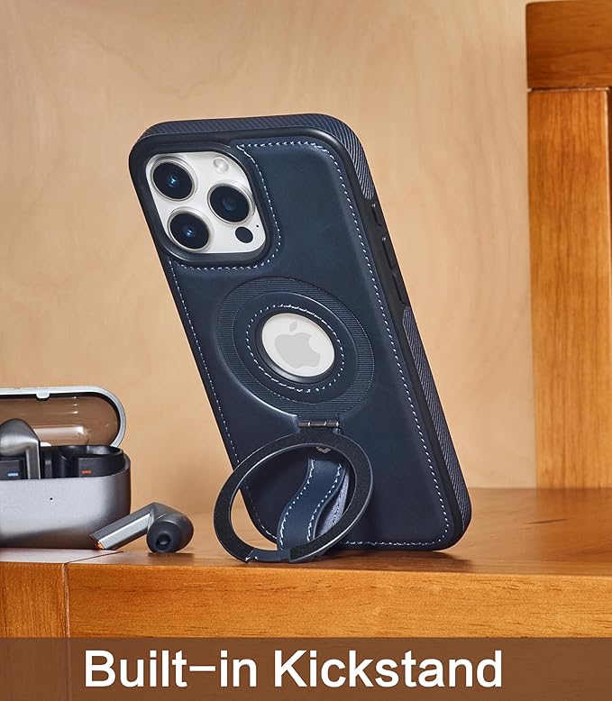 Butaiga for iPhone 13 Pro Leather Case with Stand, Anti-Slip Grip Ring, Fits for MagSafe (Blue, iPhone 13 Pro)