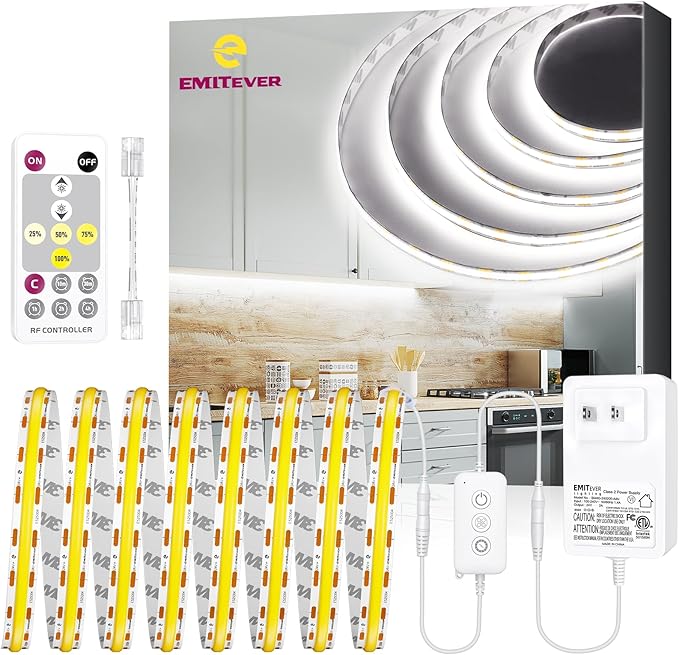 EMITEVER COB LED Strip Lights Kit 5000K, White 16.4ft Dimmable Tape Light with Remote & 24V Power Supply, CRI90+, High Density 2400LEDs, 300+LM/FT, Suitable for Bedroom Kitchen Cabinet Lighting