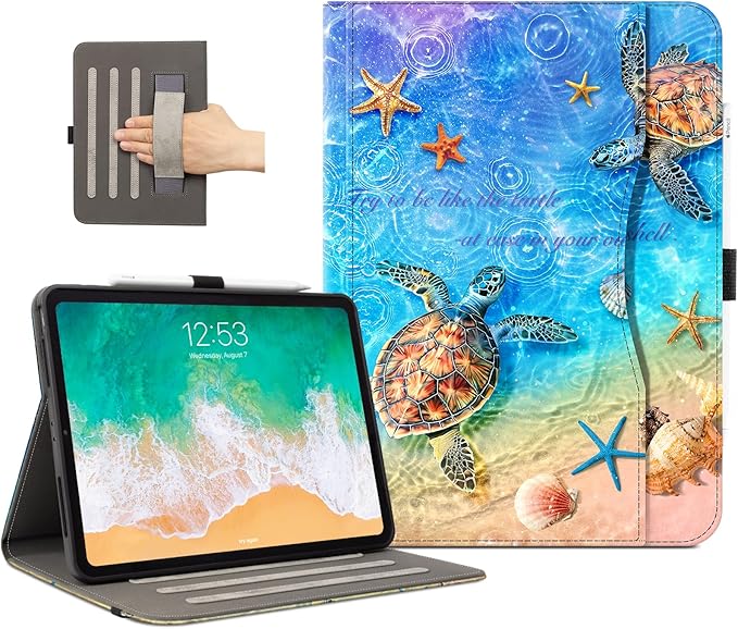 Lokigo Case for iPad Air 13 Inch M4/M3/M2 (2026/2025/2024), iPad Pro 12.9 Inch 6th/5th/4th/3rd Gen with Pencil Holder/Hand Strap/Pocket, Support Touch ID, Shockproof Soft Back Stand Cover, Sea Turtle