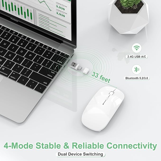 Wireless Mouse for MacBook Pro/Air, Bluetooth Rechargeable Mouse with USB-C, Slim Mouse Jiggler for iPad/iMac/Laptop/PC, 2.4G Dual Mode, Silent Click, Compatible Mac OS/Windows, White