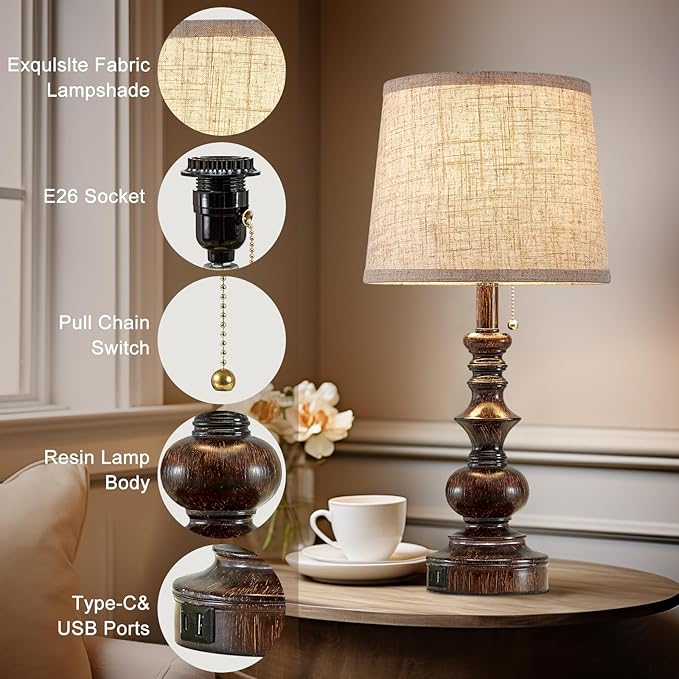 Drawealth 22'' Farmhouse Bedside Table Lamps Set of 2 for Bedroom Nightstand Lamps with USB A+C Charging Ports Traditional Small Table Lamp for Living Room End Tables,Pull Chain,Bulbs Not Included