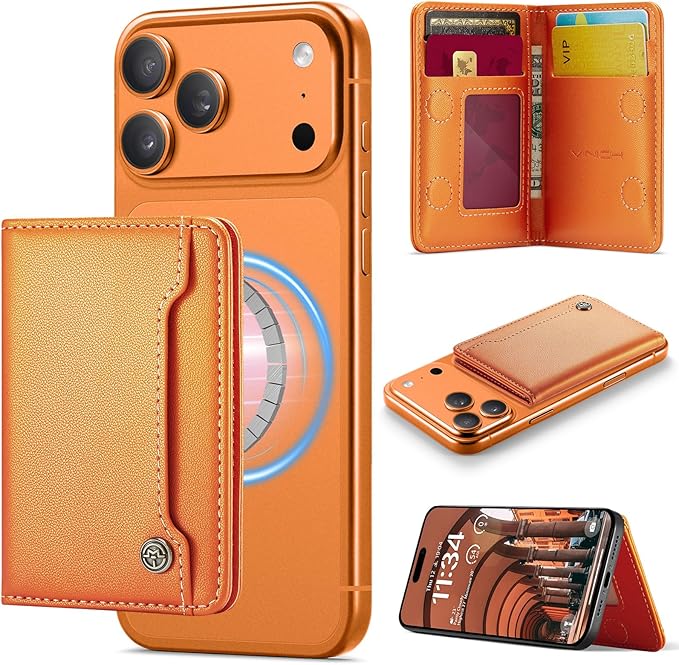 Vinich for MagSafe Wallet Magnetic RFID Blocking Card Holder Compatible with MagSafe Phones and Cases, Strong Magnet Minimalist Phone Wallet for iPhone 17/16/15/14/13/12/Pro/Max/Plus, Orange