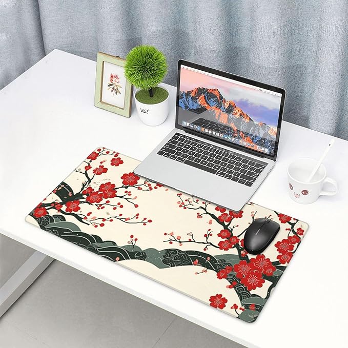 AQQA Japanese Desk Mat, Cherry Blossom Waves Large Gaming Mouse Pad, XL Anime Gaming Keyboard Mat Non-Slip Rubber Base Mousepad Desk Decor for Women Home Office, 31.5”x15.7”