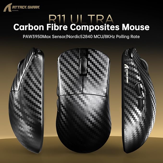 ATTACK SHARK R11 Ultra 8K Carbon Fiber Wireless Gaming Mouse with 42000 DPI-PAW3950 MAX Sensor-49g Lightweight,Nordic 52840 MCU Chip,Wired/BT/2.4Ghz Programmable,RGB Coiled Cable for PC(Black Wave)