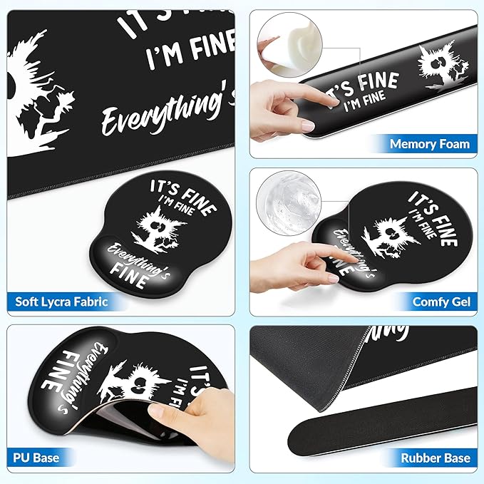 Desk Mat Set + Keyboard and Mouse Pad with Wrist Rest Support,4-in-1 Large Mousepad Computer Mats for Desktop Home & Office-It's fine I'm fine Everything is fine