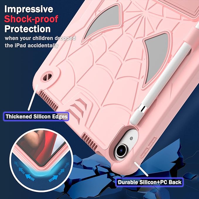 Dteck for iPad Air (3rd Generation) 2019/iPad Pro (2017 Release) Hard Shell Case 10.5" with Kickstand, Shoulder Strap/Screen Protector Film/Stylus Included, Shockproof Cute Spider Kid's Cover, Pink