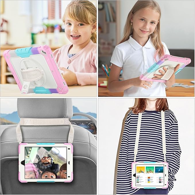 SEYMAC stock Case for iPad 6th / 5th Generation Case/Air 2 / Pro 9.7 inch, Heavy Duty Protective with Screen Protector, with Pencil Holder, Hand Strap, Shoulder Strap, 360 Rotate Stand,Yellowish+Pink