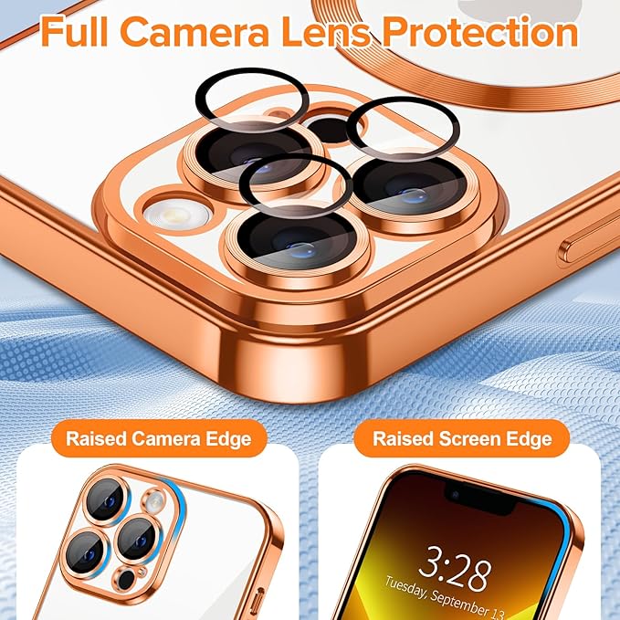 Hython Magnetic Clear for iPhone 13 Pro Max Case with Camera Lens Protector [Compatible with MagSafe] Plating Edge Slim Soft TPU Cover Protective Phone Case for iPhone 13 Pro Max 6.7", Orange
