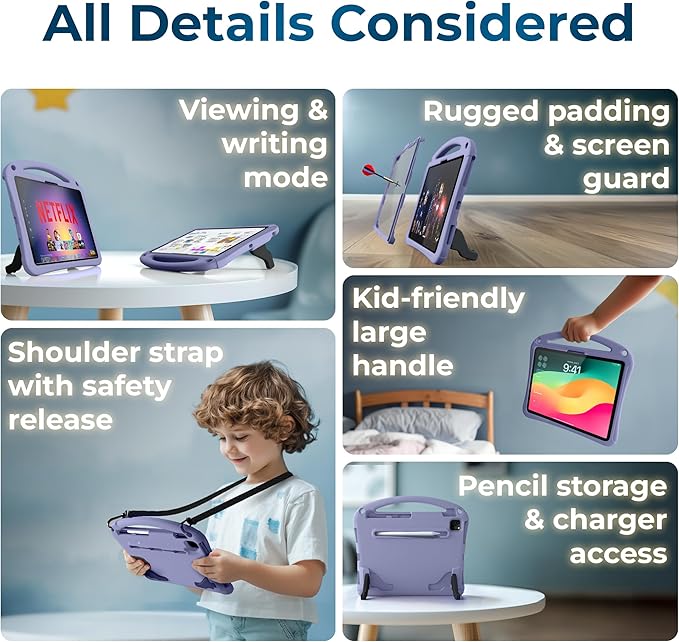 Bam Bino Space Suit, iPad Air 11 Inch Case Kids(M2/M3/M4), iPad Pro 11inch(M4/M5), iPad A16(11thGen), iPad 10thGeneration, Built-in Screen Protector, Handle, Kick Stand, Shoulder Strap (Nebula Violet)