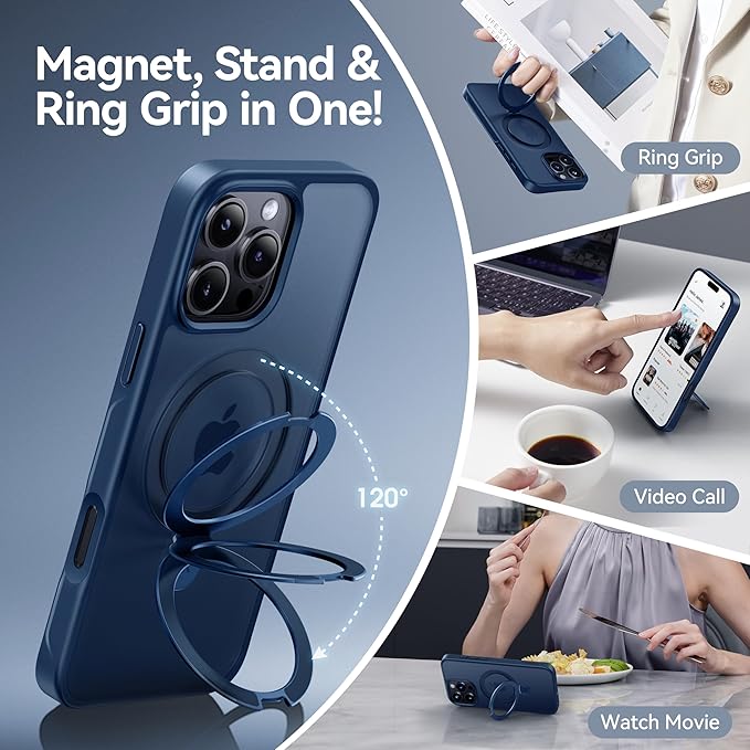 CASEKOO Ultra-Magnetic Stand for iPhone 16 Pro Case [Military Drop Protection] [Compatible with MagSafe] Shockproof Translucent Matte Slim Ring Holder Case for iPhone 16 Pro 6.3", Blue