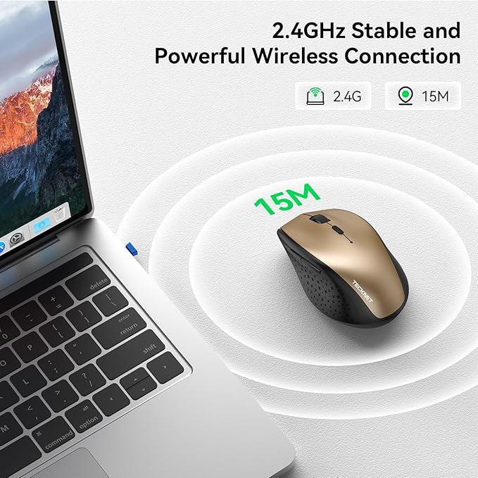 TECKNET Wireless Mouse, 2.4G USB Computer Mouse with 6-Level Adjustable 4800 DPI, 30 Months Battery, Ergonomic Grips, 6 Buttons Portable for PC, Chromebook, Mac - Gold Black