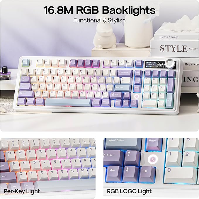 MechLands AJAZZ AK980 V2 Mechanical Gaming Keyboard with Display Screen, 10000mAh Battery, 98% Wireless Keyboard with BT/USB-C/2.4GHz, Hot Swappable, Linear Switch, Knob, RGB for Win/Mac (White)