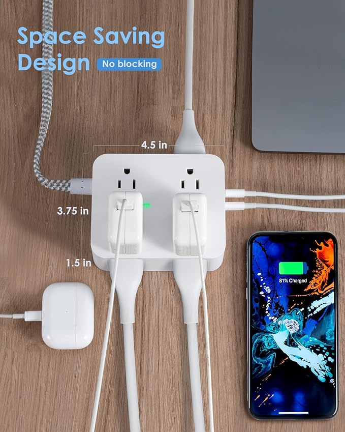 6Ft Surge Protector Power Strip with USB C, HANYCONY Extension Cord with 8 Outlets(2.2 IN) 4 USB Ports(2 USB C), Flat Plug, Wall Mount, 3 Side Outlet Extender for Home Dorm Room Essentials, ETL Listed