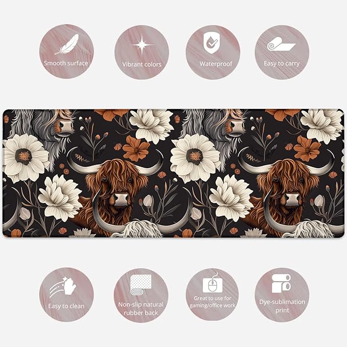Rustic Highland Cow & Floral Gaming Mouse Pad, Large Cows Desk Mat for Laptop Keyboard Computer, Non-Slip Rubber Base Desktop Extended Mousepad for Office Home Accessories 31.5"×11.8"