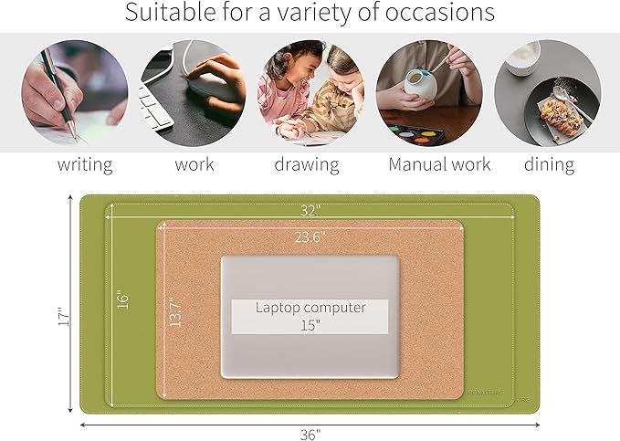 RENMTURE Dual-Sided Mouse Pad, Natural Cork & PU Leather Large Desk Pad for Office and Home Work, Desk Protector Non-Slip, Waterproof, Easy Clean (Olive Green, 32"x16")