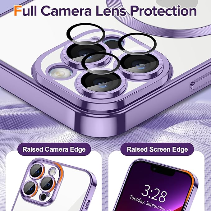 Hython Magnetic Clear for iPhone 13 Pro Case with Camera Lens Protector [Compatible with MagSafe] Luxury Plating Edge Slim Soft TPU Cover Protective Phone Case for iPhone 13 Pro 6.1", Light Purple