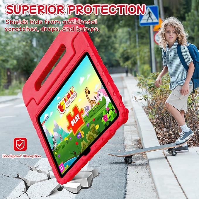Kids Shockproof Case for iPad A16 (2025)/iPad 10th Gen (2022) with Pencil Holder&Handle Stand, Super Protection EVA Toddler-Friendly Cover for iPad 11th (A16) 11"/10th Generation 10.9"-Red