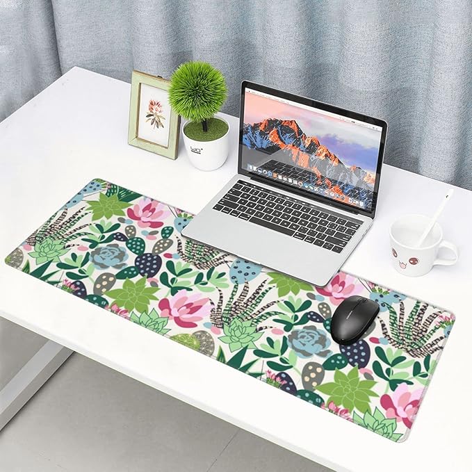 Cute Large Mouse Pad Desk Mat, Succulents and cactus Big Extended Funny Gifts XL Gaming Mousepad with Stitched Edges for Writing, Table, Long Extended Desk Pad for Women Girls Office, 31.5*11.8 Inch