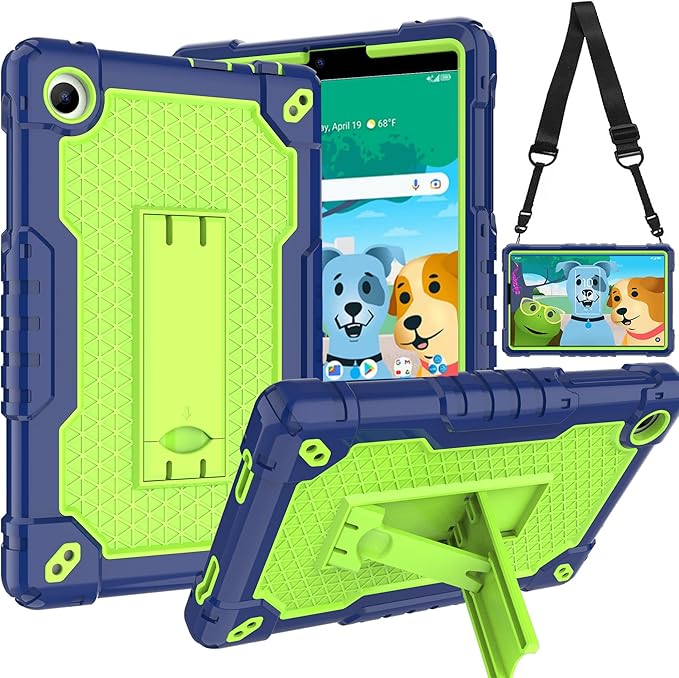 Case for for AT&T Amigo Jr. Tab 8 inch Tablet 9136K - [Built-in Kickstand] Anti Slip Kids Friendly Shockproof Silicone Protective Cover (Navy/Green)