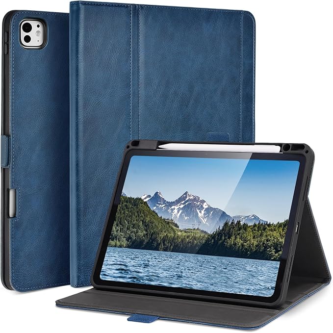 Handmade Case for iPad Pro 11 Inch (M5/M4) 2025/2024 with Pencil Holder Pocket,Magnetic Closure,Auto Sleep/Wake,Vegan Leather Folio Protective Cover,Multi Angles Stand,Dark Blue