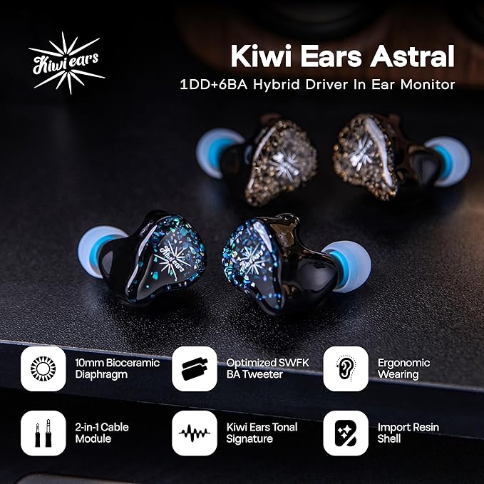 Linsoul Kiwi Ears Astral 1DD+6BA Hybrid in Ear Monitor, Wired Earbuds, HiFi Studio Recording &Mixing Earphone, Portable Gaming IEMs for Professional Music Engineers Audiophiles (Blue)