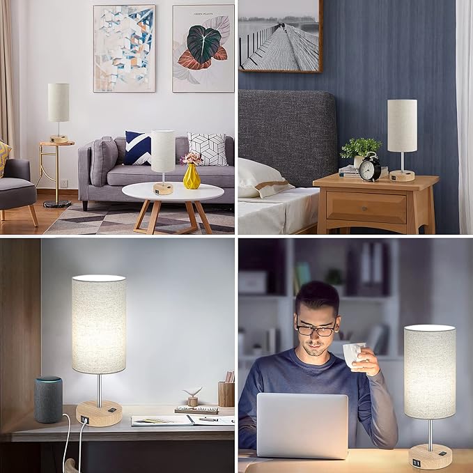 Bedside Table Lamps with 2 USB Charging Ports & AC Outlet, Set of 2 Touch Control Wooden Base Nightstand 3-Way Dimmable Lamps with Beige Fabric Shade for Bedroom, Living Room, A19 E26 Bulbs included
