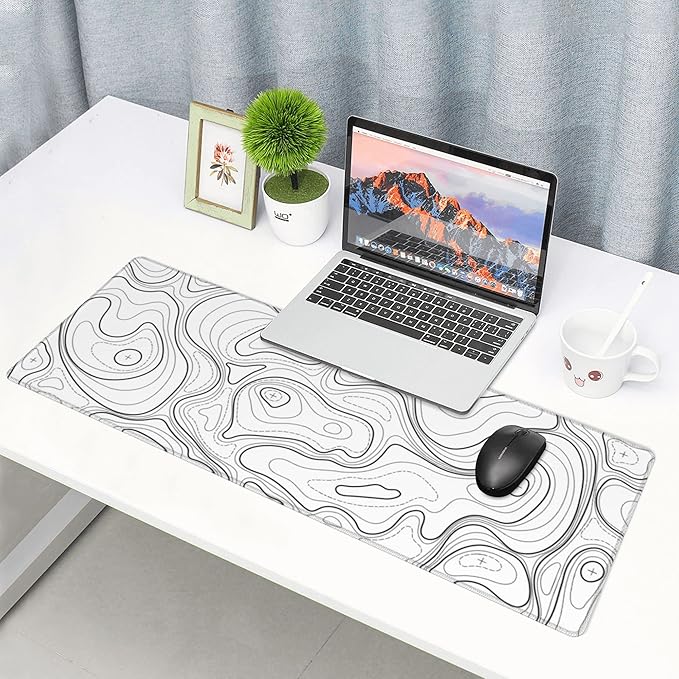 White Topographic Contour XL Gaming Mouse Pad Extended Long Large Mousepad with Stitched Edges Laptop Desk Pad Computer Keyboard PC Mouse Mat Nonslip Rubber Base for Company Office Gamer