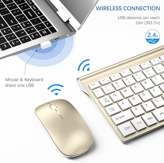 Wireless Keyboard and Mouse Ultra Slim Combo, TopMate 2.4G Silent Compact USB 2400DPI Mouse and Scissor Switch Keyboard Set with Cover, Batteries Included, for PC/Laptop/Windows/Mac - Gold White