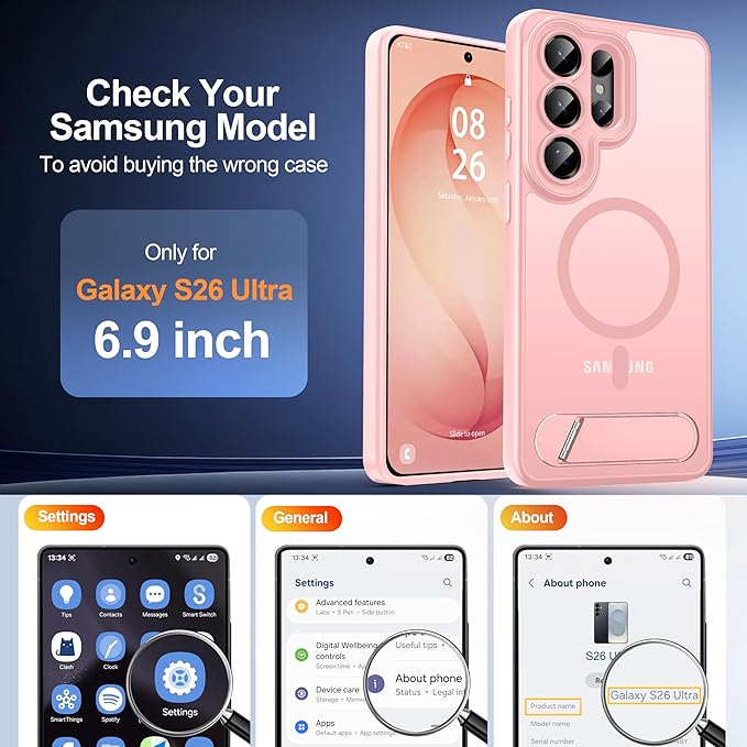Magnetic for Samsung Galaxy S26 Ultra Case, [Compatible with MagSafe][Full Camera Protection][Built-in Invisible Kickstand] Translucent Matte Phone Case for S26 Ultra 6.9" - Pink