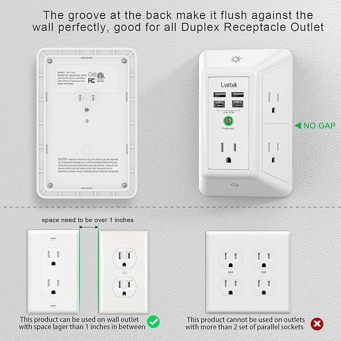 Multi Plug Outlet Surge Protector - Lvetek 3-Sided Power Strip with 5 Outlet Extender and 4 USB Ports(2 USB-C) and Night Light, USB Wall Charger for Home, Office, Travel, ETL Listed, White