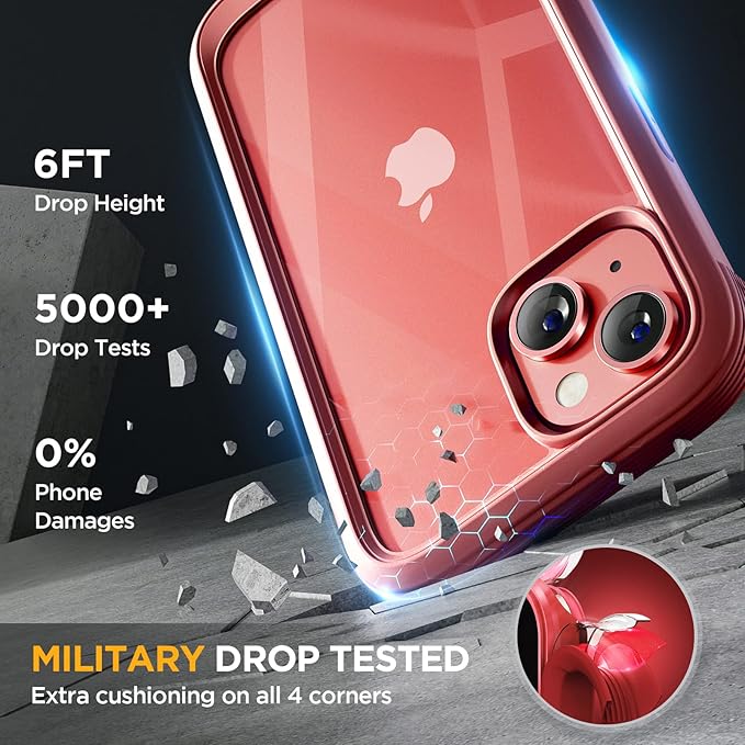 Miracase Glass Series Designed for iPhone 14 Case 6.1 inch, 2023 Upgrade Full-Body Clear Bumper Case with Built-in 9H Tempered Glass Screen Protector and Camera Lens Protector,Red