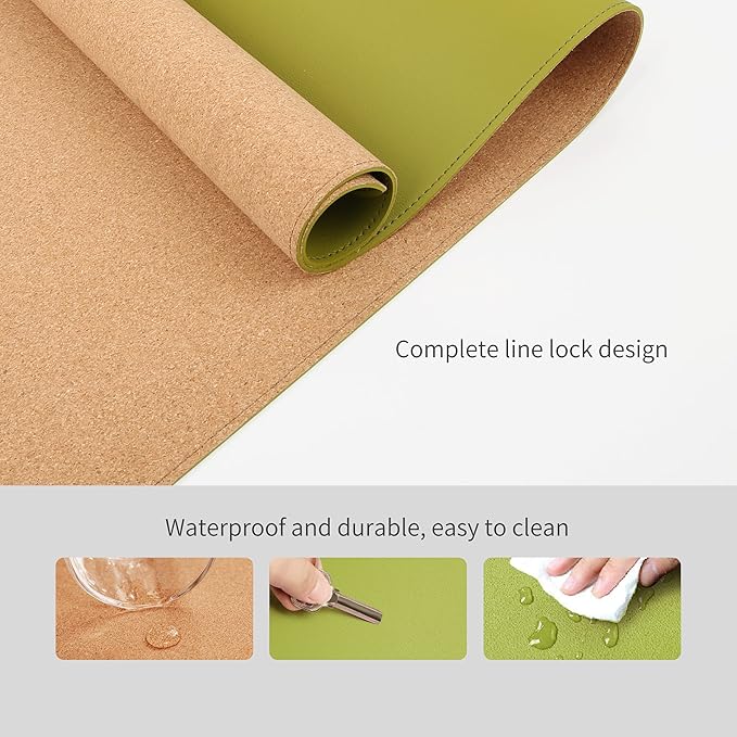 RENMTURE Dual-Sided Mouse Pad, Natural Cork & PU Leather Large Desk Pad for Office and Home Work, Desk Protector Non-Slip, Waterproof, Easy Clean (Olive Green, 32"x16")