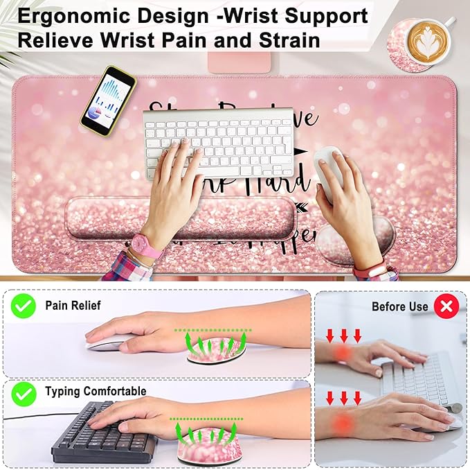 Keyboard Wrist Rest + Mouse Pad with Wrist Support + Desk Mat + Coaster 4 in 1 Set, XXL Large Gaming Mousepad Cute Ergonomic Mouse Pads for Desk Computer Laptop Office Decor-Pink Words