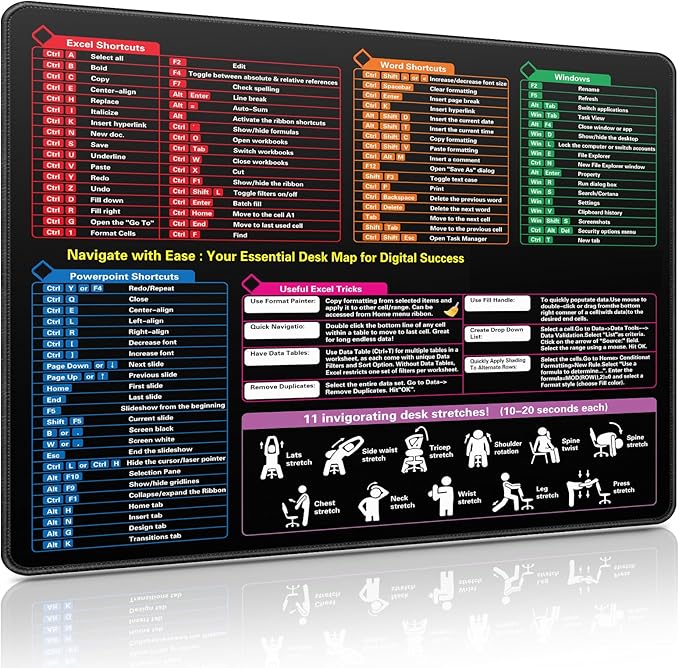 Excel Cheat Sheet Mouse Pad, Excel Shortcuts Desk Mat, Waterproof Keyboard Mousepad for Desk Office Work Computer Gaming Mouse Mat with Stitched Edges Anti-Slip (19.29"x16.53")