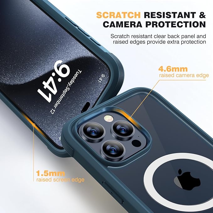 Diaclara Magnetic for iPhone 15 Pro Case, [Military-Grade Drop Proof & Fit for MagSafe] Built-in Shockproof Screen Protector, [Camera Lens Protector] Phone Cover for iPhone 15 Pro 6.1"(Deep Blue)