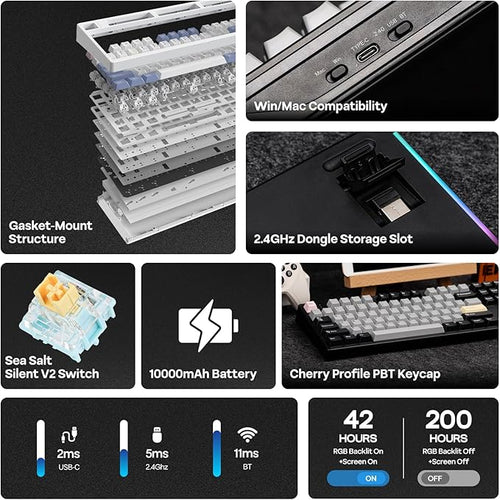 EPOMAKER TH108 PRO Full Size Mechanical Keyboard with Screen & Knob, Wireless Gaming Keyboard with 10000mAh, Creamy Gasket, Hot Swap, Custom Driver, RGB Backlight (Black, Sea Salt Silent)