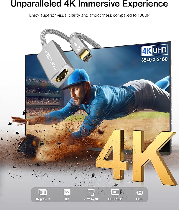 IVANKY 4K Active Mini DisplayPort to HDMI Adapter, 4K@60Hz, Thunderbolt 1&2 to HDMI Adaptor, Super Slim, Mini DP to HDMI Adapter for MacBook Air/Pro, Surface Pro/Dock/Book, Monitor, Projector-Silver
