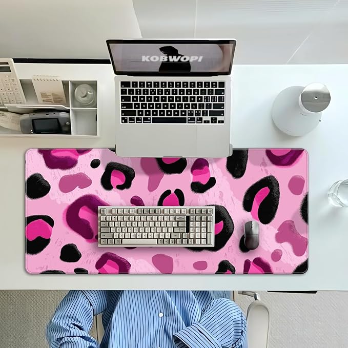 35.4 x 15.7 in, XXL Large Mouse Pad for Desk, Extended Keyboard Mouse Mat for Computer Office, Big Mouse pad with Stitched Edges, Gaming Pc-Pink and Black Leopard Print