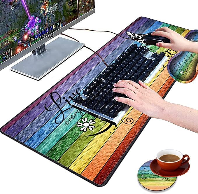 3 Piece Mouse Pad Set with Stitched Edge Large Anti-Slip Mouse Pad Desk Pad Keyboard Pad + Wrist Rest Pad + Coaster, Memory Foam Wrist Rest for Office/Home, Glitter Quote Live Laugh Love