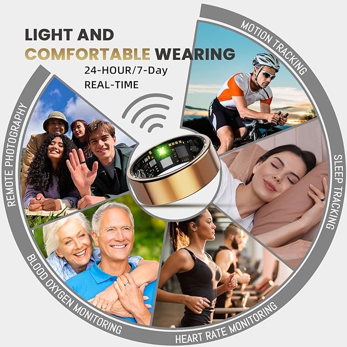 Smart Ring for Women Men, Health Tracker with Heart Rate/Blood Oxygen/Blood Pressure/Sleep Monitoring/Step Counting, IP68 Waterproof Fitness Ring, No App Fees for iPhone & Android (Rose Gold, 12#)