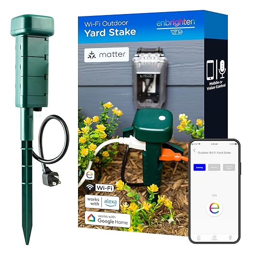 Enbrighten Vibe Wi‑Fi Matter Smart Plug Yard Stake, 2.4GHz, No Hub Required, Compatible with Alexa and Google Assistant, Six Grounded Plug‑in Outlets for Outdoor Use, 81200-S1