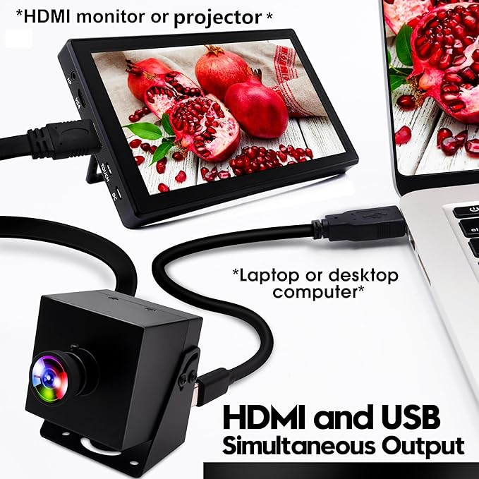 ELP 4K HDMI USB Camera Wide Angle PC Camera for Computer Monitor Simultaneously Output Mini UVC USB2.0 Webcam 2X Digital Zoom H.264 8mp USB Security Camera (120degree no Distortion Lens)