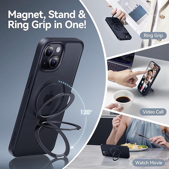 CASEKOO for iPhone 15 Case with Magnetic Invisible Stand [Military Drop Protection] [Compatible with MagSafe] Shockproof Slim Translucent Matte Case 6.1 Inch, Black, for Man/Woman